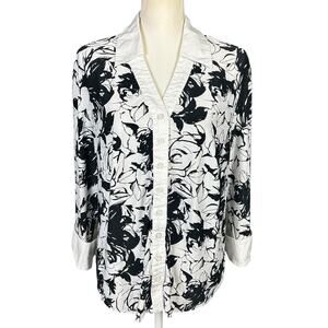JPR Separates Top Women Sze 1X White Black Floral Henley Casual Office Button Up